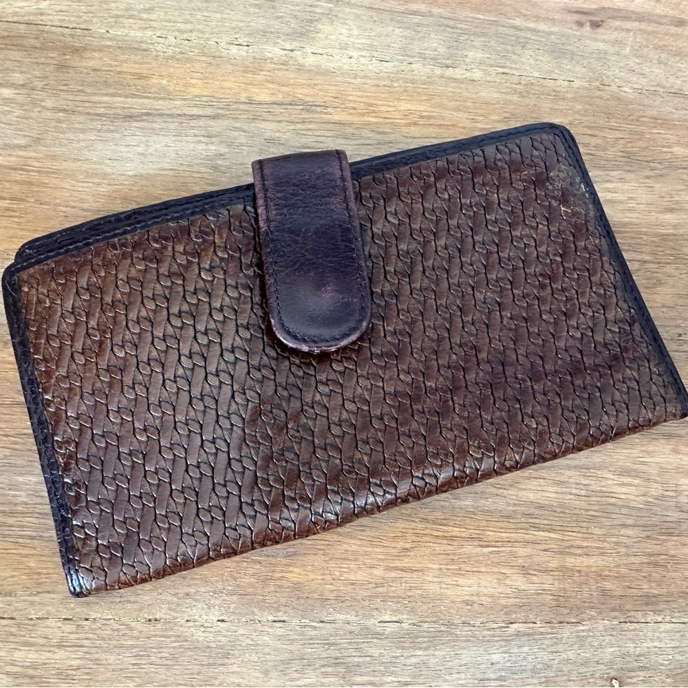 Fossil Bifold Wallet OS Brown Leather Woven Texture Vintage Snap Tab Organizer